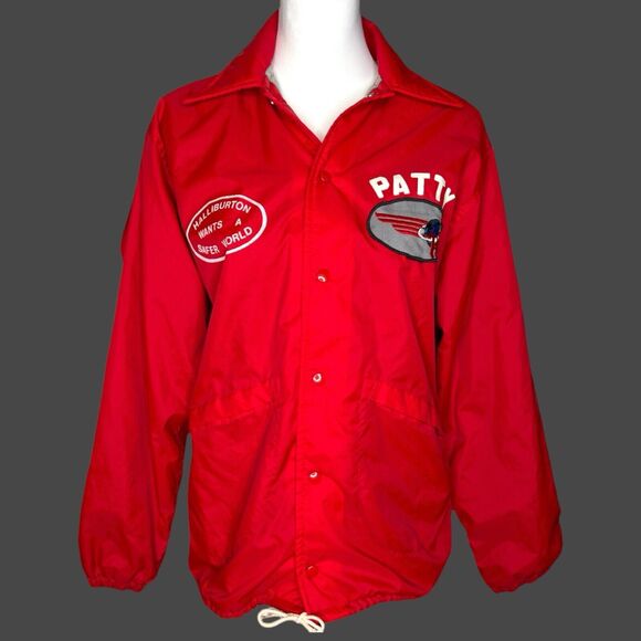 Vintage 70s Red Halliburton Logo Patch Safer World Windbreaker Jacket S